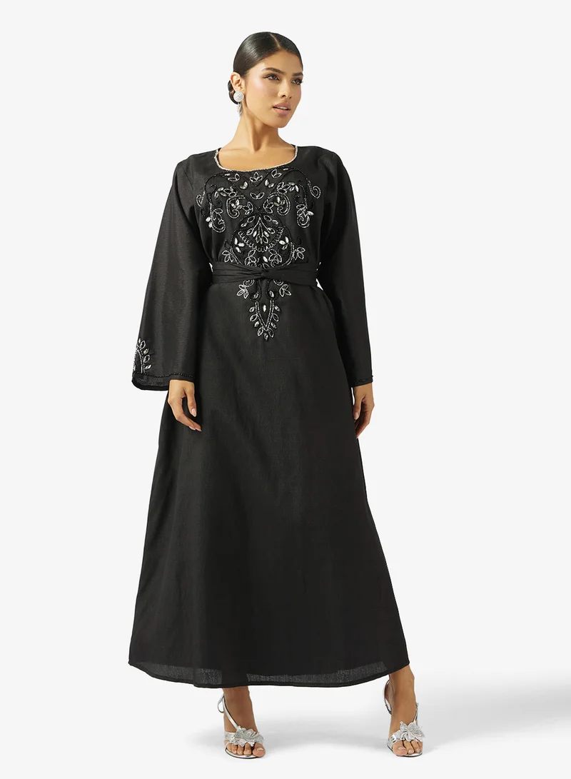 hayas closet  Black Embellished Jalabiya with Belt for Women | Best Price UAE